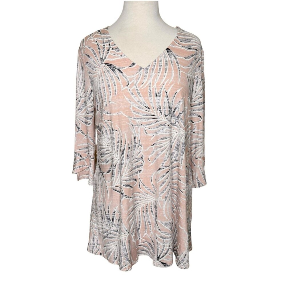 Clara Sun Woo Textured Slinky Knit Tunic Top 3/4 Bell Sleeve Blush Pink Size L